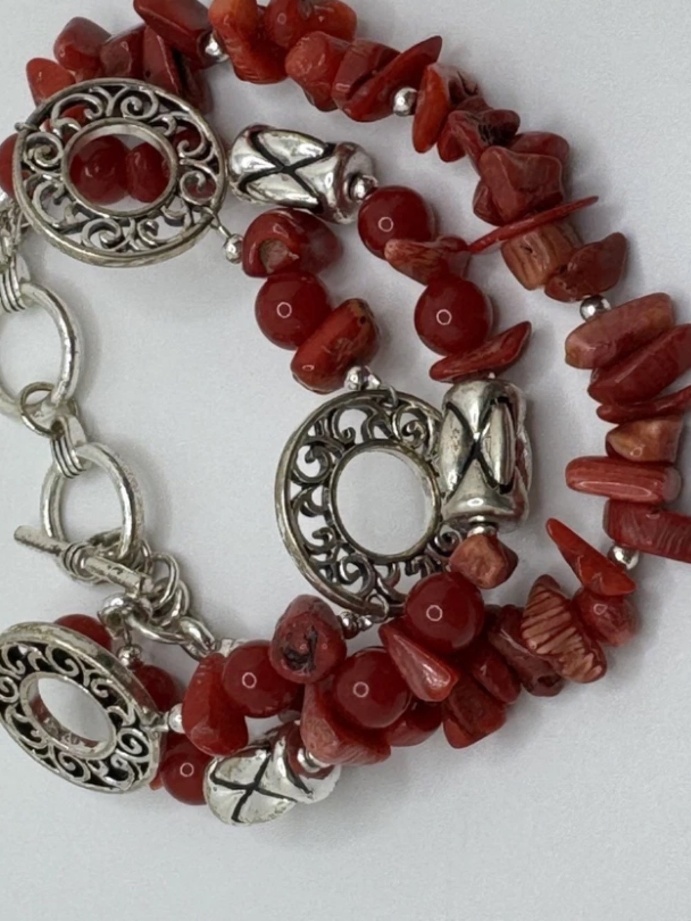 Premier Designs Red Sponge Coral, glass, silver spacer beads 7.5-8.5” adjustable